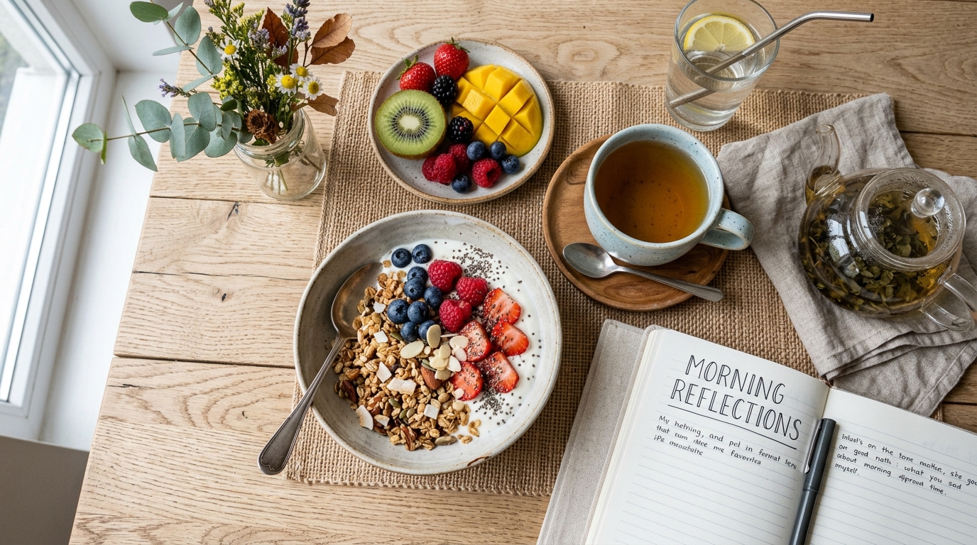 Gesundes Frühstück mit Obst und Tee