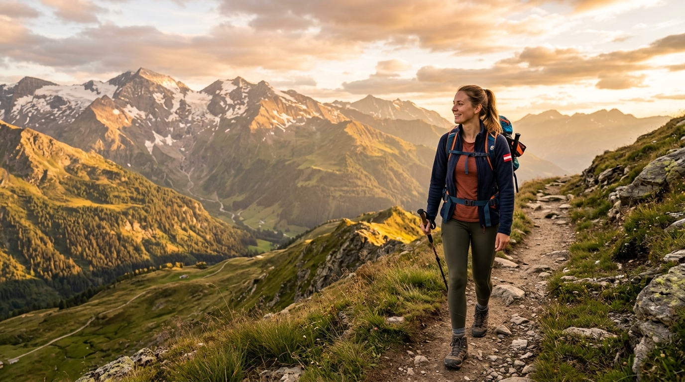Spaziergang in den Alpen bei Sonnenuntergang